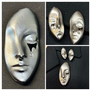 Sculpture silver tone half face mask brooch and earrings